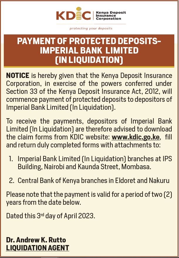 Notice of Payment of protected deposit