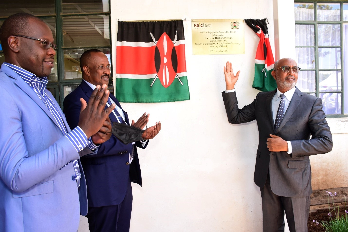 Right to Left: Dr. R.Aman, CEO Mohamud and Dr. Otieno during the unveiling of the KDIC plaque 
