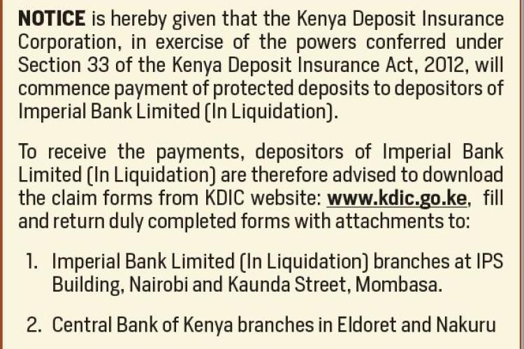 Notice of Payment of protected deposit